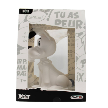 Rechte Seitenansicht der Idefix Figur von Plastoy in der Verpackung mit Asterix-Comicmotiven und dem Schriftzug „GRRrr!“.